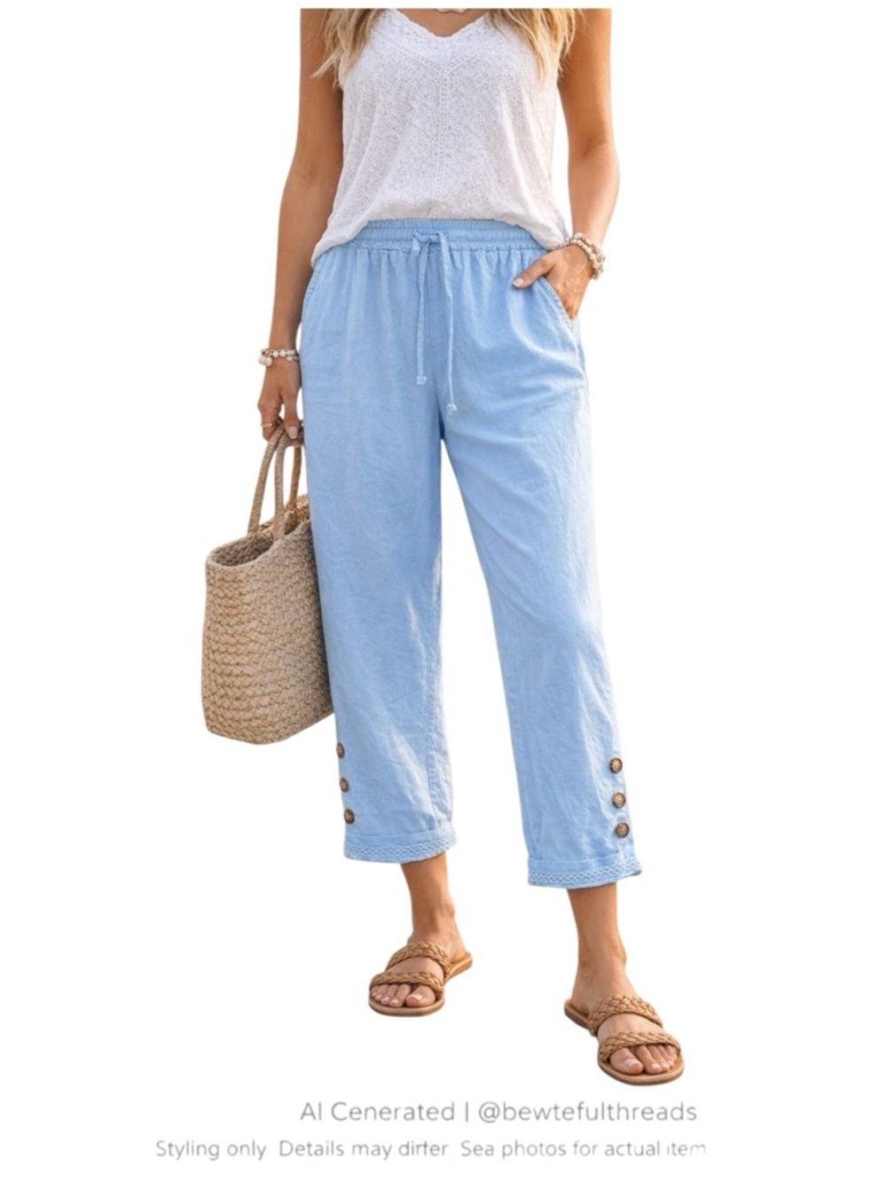 Sky Blue Cotton Capri Pants Crochet Trim Button Hem Breezy Summer XXL